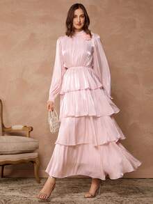 Enchnt Spring/Summer Romantic Women's Pastel Pink Flowing Chiffon 3D Floral Long Sleeve Maxi Dress,Sweet&Elegant For Party&Date&Holiday&Going Out,Winter Clothes For Women,New Year Outfit - Pink - View 4