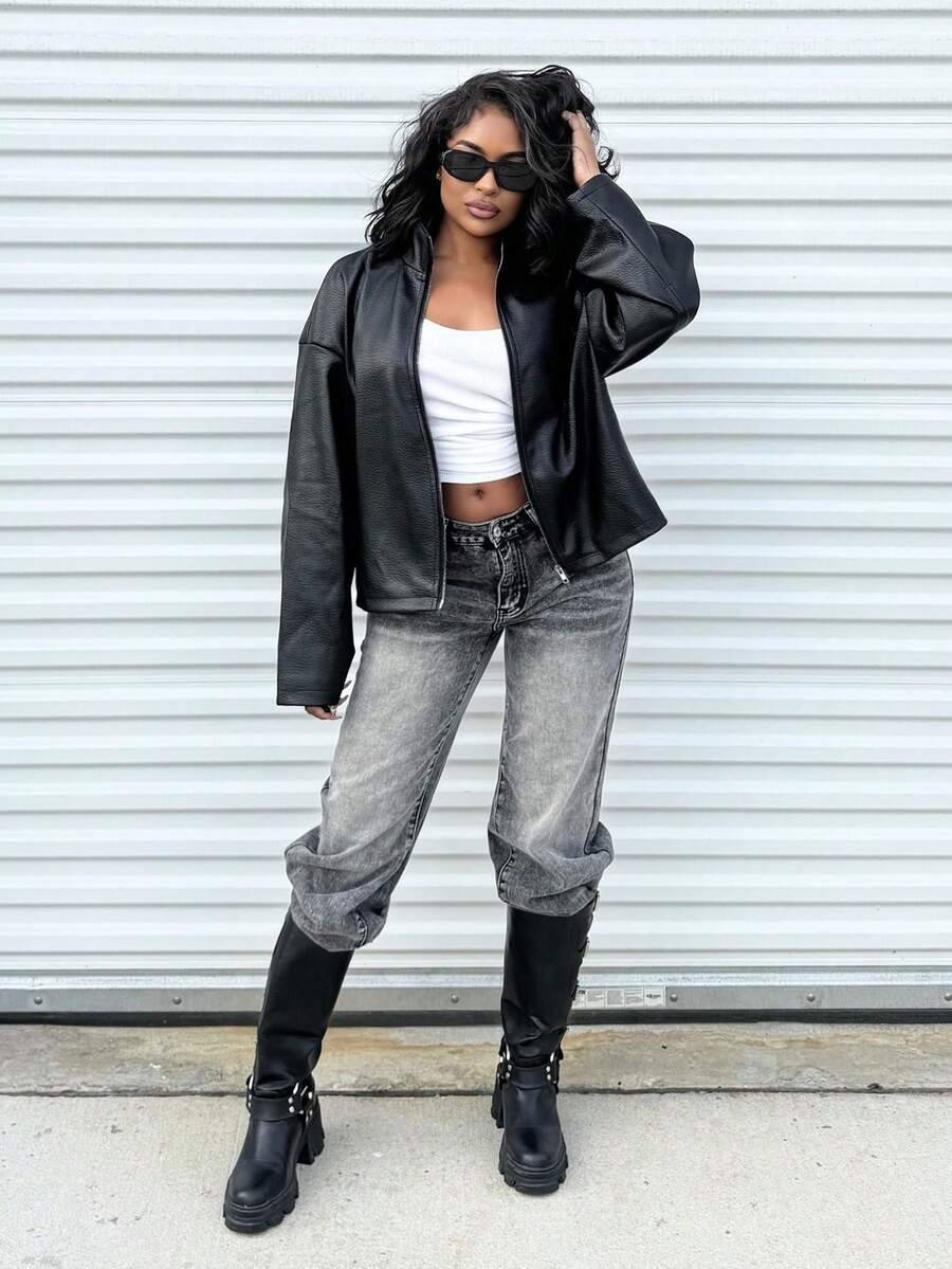 Alexandranx Oversized High Neck Faux Leather Full Zip Up Jacket Night Out Autumn Fall Winter Outerwear - Black - View 1