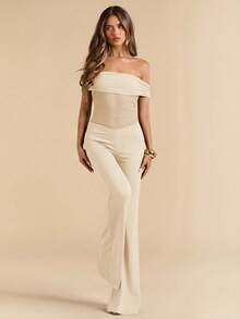 SHEIN BAE 优雅性感黑色透视网纱单肩阔腿连体裤，百搭实用，适合日常穿着、约会、外出、派对、聚会等各种场合 - 不对称连体裤、阔腿连体裤、情人节连体裤、日常连体裤、优雅连体裤 - 杏色 - 查看 3