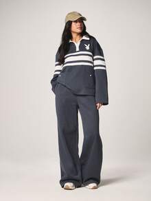 Missguided x Playboy 条纹Polo衫和阔腿运动裤两件套休闲套装，长袖宽松版型，秋冬运动装 - 藏蓝色 - 查看 1