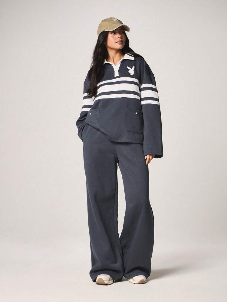 Missguided x Playboy Striped Polo Sweatshirt And Wide Leg Joggers Two Piece Set Casual Coordinated Outfit Long Sleeve Relaxed Fit Winter Fall Activewear