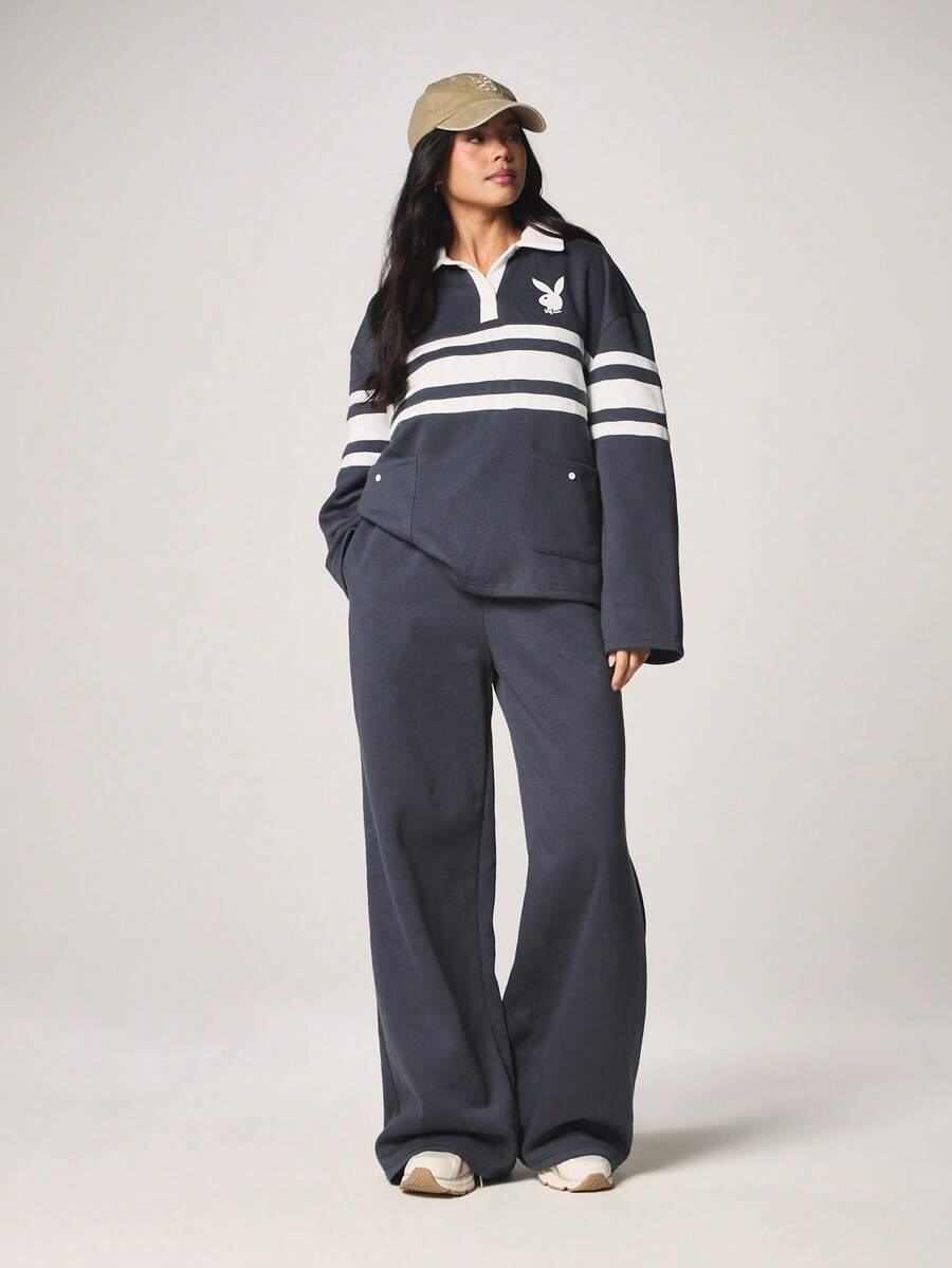 Missguided x Playboy 条纹Polo衫和阔腿运动裤两件套休闲套装，长袖宽松版型，秋冬运动装 - 藏蓝色 - 查看 1