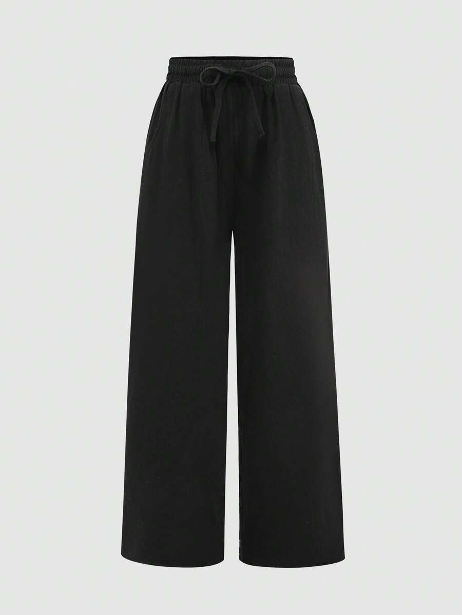 SHEIN Pantalones de chándal de unicolor con cordón para niñas preadolescentes - Negro - View 1