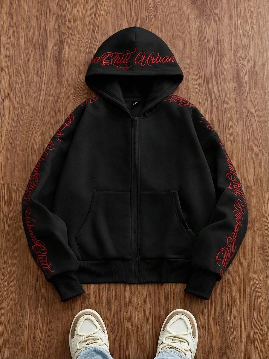 SWAVVY 男士针织休闲宽松英式刺绣长袖连帽衫 - 黑色 - 查看 1