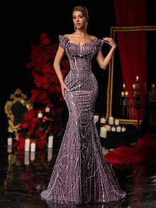 Glamrae Váy dạ hội đuôi cá trễ vai sang trọng, cổ khoét sâu, đính hạt màu tím thanh lịch, mới lạ, eo cao - Màu tím đậm - Xem 7