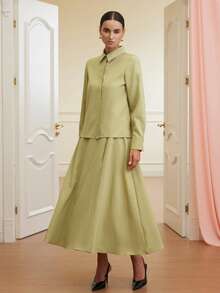 Aveloria Rosie Women's Fashion French Style Long Sleeve Shirt With Waist Cinching A-Line Skirt Set - Champagne - View 3