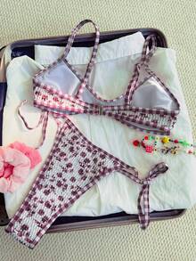 Swim Mod 女士时尚可爱沙滩套装，随机撞色印花比基尼套装，配有可调节吊带抹胸上衣和系带泳裤，适合海滩、游艇派对、度假村等场合。 - 彩色 - 查看 2