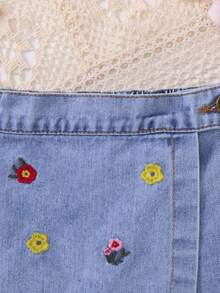 Cozy Pixies Baby Girl Cute Floral Embroidered Blue Denim Skirt Shorts,Spring, Summer,Casual And Fashionable Vacation,Street Wear,2000s Style, Comfortable And Soft Denim,Baby Girl Skort - Light Wash - View 4