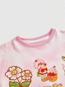 Strawberry Shortcake | ROMWE Áo thun nữ tay ngắn dáng rộng, thoải mái, nhuộm tie-dye, họa tiết hoạt hình. - Hồng - Xem 3