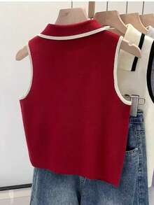 Resyla 女士撞色滚边无袖半拉链针织背心 - 紅色 - 查看 2