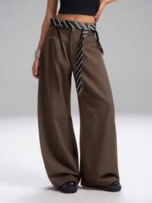 SHEIN EZwear 大码时尚通勤纯色弯腿西装裤阔腿裤宽松裤女装秋冬款 - 棕色 - 查看 4