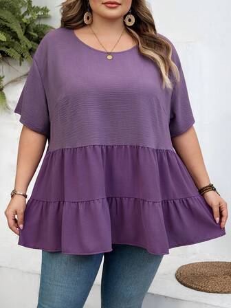 SHEIN CURVE+ 大码休闲撞色短袖宽松娃娃衫，春季