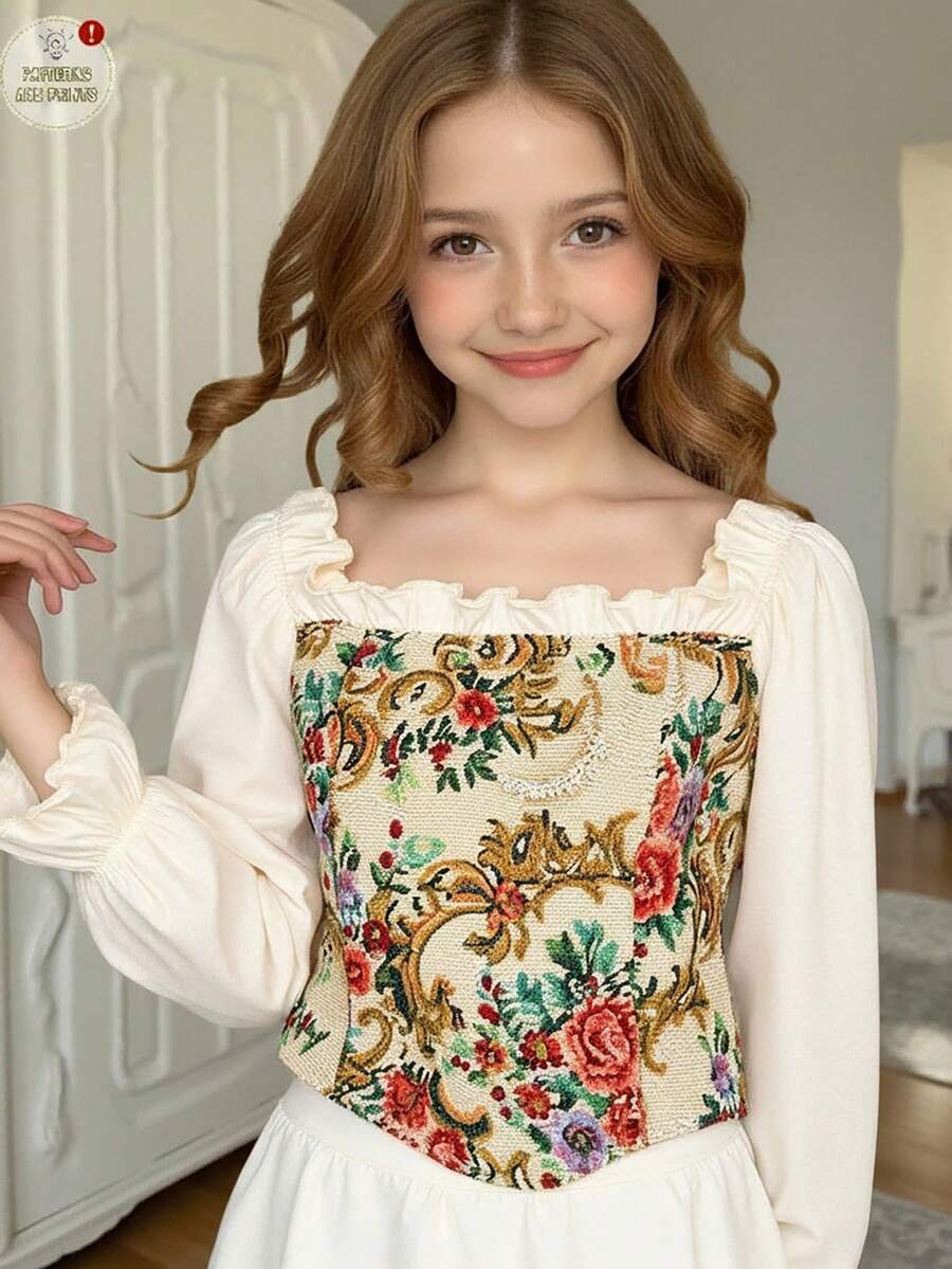 SHEIN Blouse décontractée pour préadolescentes avec manches bouffantes, patchwork floral sur fond unicolore. Blouse à manches longues avec motif floral, col carré pour préadolescentes et adolescentes. Blouse fleurie pour préadolescentes et adolescentes