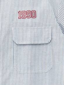 Manfinity Unisex Áo sơ mi nam tay ngắn, túi cài nút phía trước, họa tiết sọc - Màu xanh lam - Xem 5