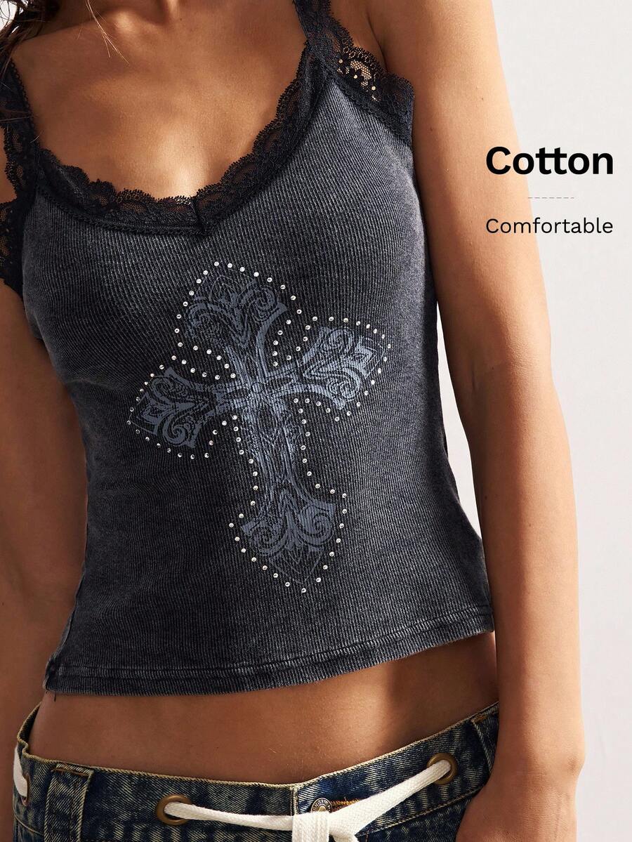 Bohemela Áo tank top dệt kim ôm sát kiểu Mỹ cổ điển với họa tiết chữ thập và ren in hoa dành cho nữ. - màu đen - Xem 1