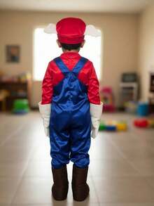 Disfraz infantil de plomero clásico rojo y azul para niño, overol con gorra, guantes y botas, ideal para Halloween, fiestas temáticas, cumpleaños, festivales escolares, carnaval y cosplay, cómodo, ligero y llamativo para niños pequeños - azul - Ver 2