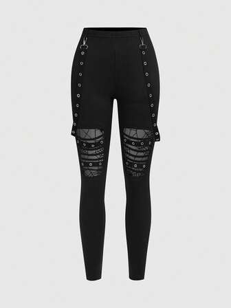 Grunge Punk Leggings aderenti da donna in stile punk dark con decorazioni in metallo a fibbia e vita staccabile