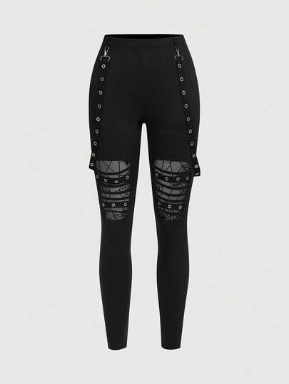 Grunge Punk Skinny Leggings für Frauen im Dark Punk Stil mit Cut Out Metallschnallen-Dekor und abnehmbarem Bund
