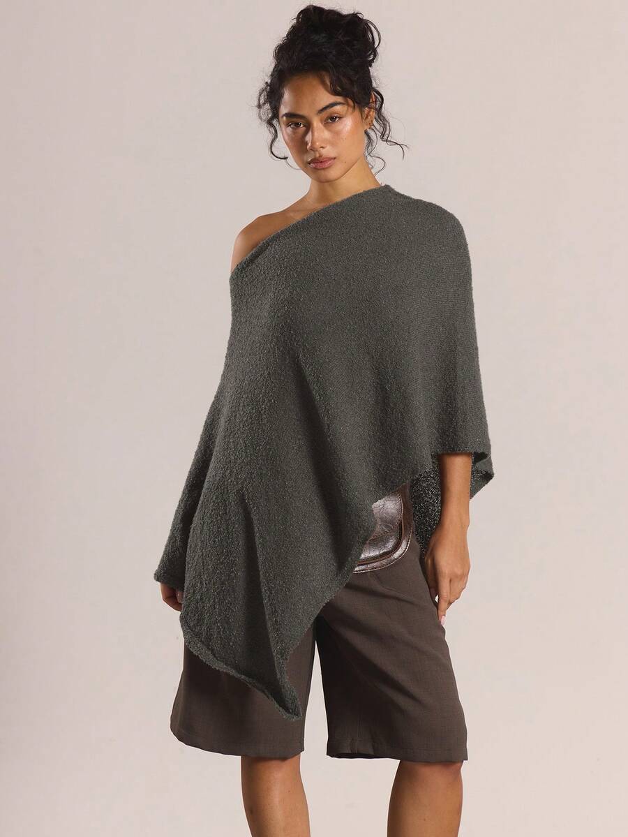 MUSERA 不对称下摆 不对称肩部 精细针织斗篷 冬季针织衫 休闲外出 日常 夜间 性感 可爱 舒适 春季 - 咖啡棕 - 查看 1