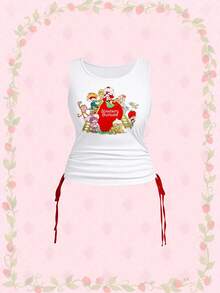 Strawberry Shortcake | ROMWE Spring / Summer Plus Size Summer Casual Cartoon & Strawberry Print Side Drawstring Tank Top - White - View 1