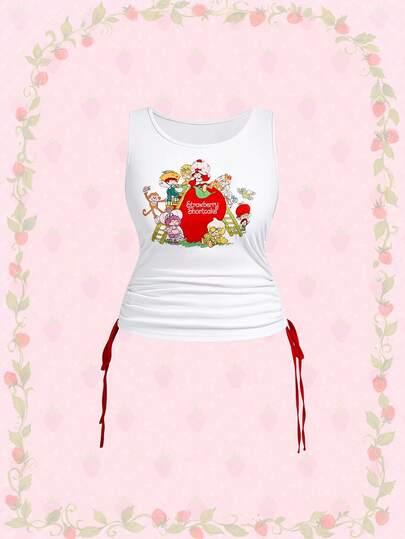 Strawberry Shortcake | ROMWE Spring / Summer Plus Size Summer Casual Cartoon & Strawberry Print Side Drawstring Tank Top