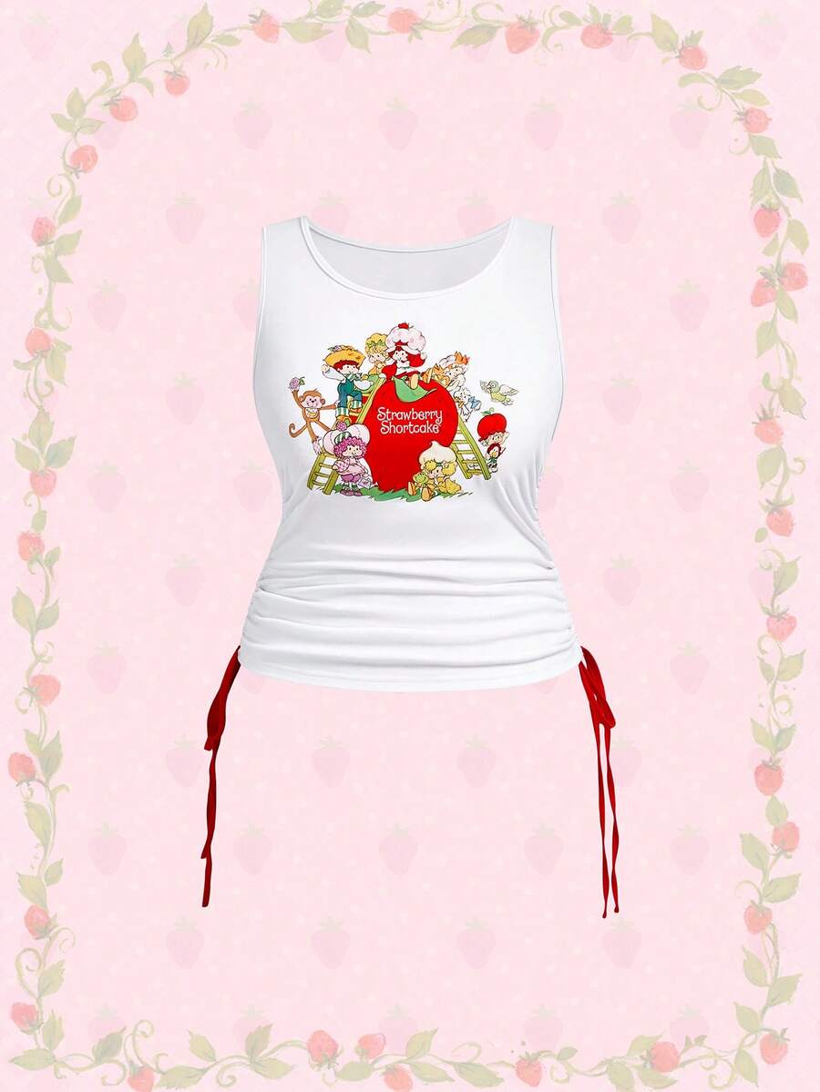 Strawberry Shortcake | ROMWE Spring / Summer Plus Size Summer Casual Cartoon & Strawberry Print Side Drawstring Tank Top - White - View 1