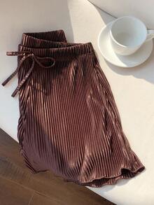 SHEIN EZwear Summer Solid Tie Front Wide Leg Baggy Shorts - Coffee Brown - View 5