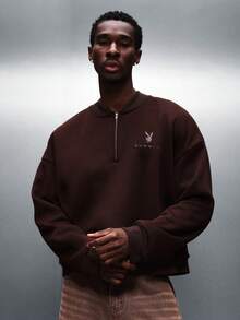 PLAYBOY X SUMWON Áo nỉ tay dài dáng crop top Essentials cổ kéo khóa nửa thân, in logo phía sau, kiểu dáng thường ngày. - màu nâu - Xem 2