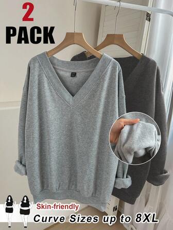 SHEIN CURVE+ Curve Plus Size/Autumn Clothes /Fall Women Clothes/Winter Clothes For Women/Winter Clothes2pcs/Set Plus Size Loose Fit V-Neck Sweatshirt With NOPE Letter Print, Suitable For Autumn/Winter Plus Size Sweatshirts Plus Size Hoodies Women Plus Size Long Sleeve Plus Size Tops Plus Size V Neck Sweatshirts/Autumn /Winter