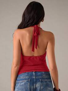 SHEIN BAE 女士性感时尚金属光泽露背系带吊带上衣，适合夏季、度假和街头风格 - 紅色 - 查看 2