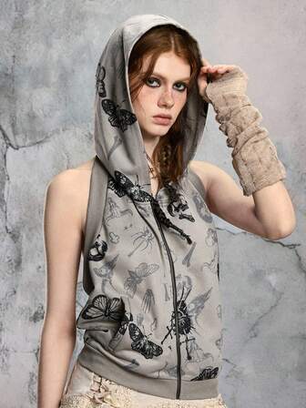 Canotta senza schienale con stampa di scheletro di farfalla e insetti in stile fairycore