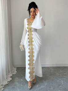 Elenzga Women's Elegant Mesh Floral Lace Trim Long Dress, Early Spring - White - View 8