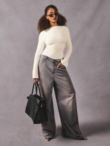 Athîral Camiseta ajustada con cuello de barco, manga acampanada y puño con abertura, de color blanco sólido y estilo casual elegante para mujer, otoño/invierno - Beis - Ver 4