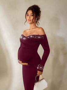 Cheriluna Maternity 纯色串珠长袖露肩优雅开衩孕妇写真亮片连衣裙/优雅派对礼服/黑色连衣裙/冬季连衣裙 - 酒紅色 - 查看 6