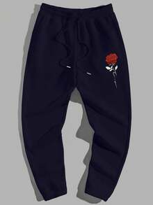 EURMUSE Cotton Men's Floral Print Pocket Drawstring Waist Casual Jogger Pants - Navy Blue - View 3