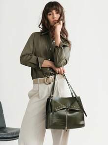 SHECARRY Women's Tote Bag, Oil Wax PU Material, Large Capacity Rivet Shoulder Commuter Bag - Dark Green - View 7