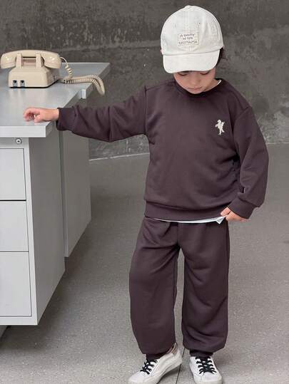 Zikori Little Byeori Young Boys Casual Round Neck Long Sleeve Embroidered Sweatshirt And Sweatpants Set