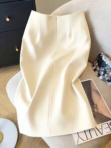 GlowEve Chân váy nữ màu trơn thiết kế xẻ tà, kiểu dáng thường ngày, đa năng, thích hợp cho kỳ nghỉ. - Màu be - Xem 2