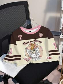 TOM & JERRY X SHEIN Women's Casual Fashion Street Sporty Collegiate Style Cartoon Letter Graphic Contrast Color Short Sleeve T-Shirt, Summer - White - View 1