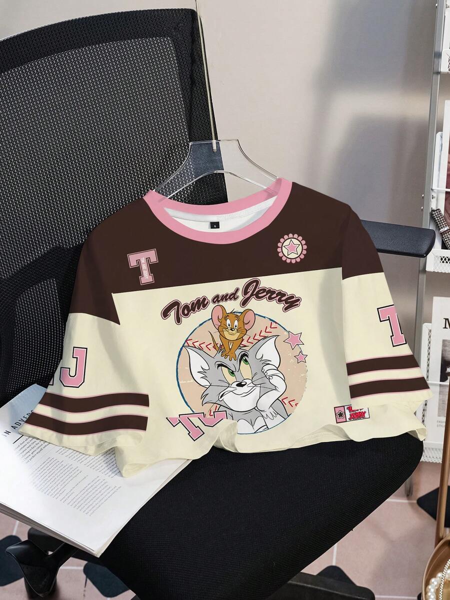 TOM & JERRY X SHEIN Women's Casual Fashion Street Sporty Collegiate Style Cartoon Letter Graphic Contrast Color Short Sleeve T-Shirt, Summer - White - View 1