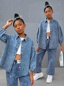 SHEIN 2pcs/Set Young Girl' Blue Denim Lapel Long Sleeve Shirt & Loose Fit Pants,Fall Clothes,Winter Clothing ,Casual And Fashionable Vacation Outfits,2000s Style  ,Christmas Clothing, Young Girl A Loose And Comfortable Shirt Suit,Girl Denim Set , Shirt Suit  Set - Light Wash - View 1