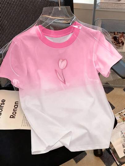 Resyla Hot-Selling Style, Sweet Gradient Pink Tulip Women's Short-Sleeved T-Shirt, Niche Style For Shopping And Dating, Fashionable Spring And Summer Style
