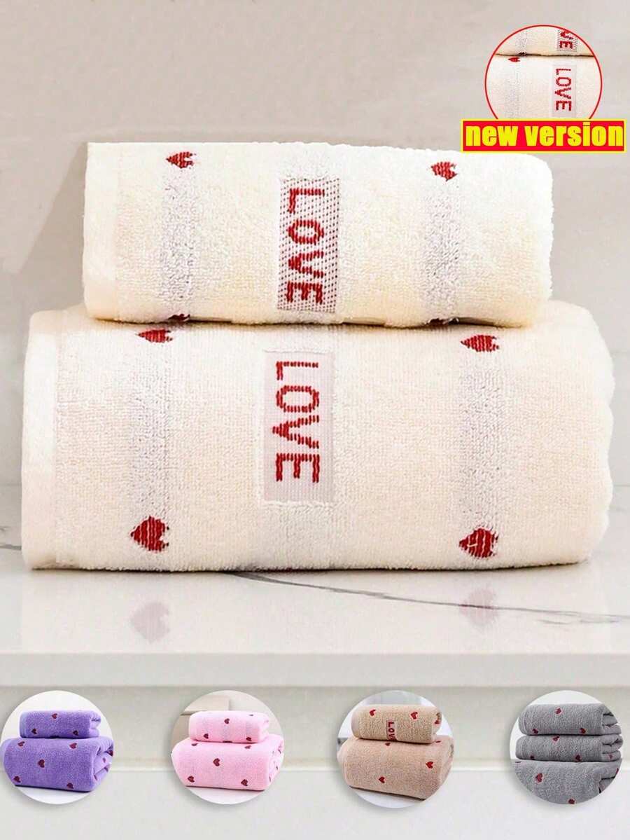 Valentine's Day Gift Red Heart Embroidered LOVE Towel/Bath Towel, Soft Absorbent Lint-Free Adult Couple Towel For Home Daily Use, Pool, Bathroom, Available In Single Towel, Single Bath Towel Or Set - Beige - View 1