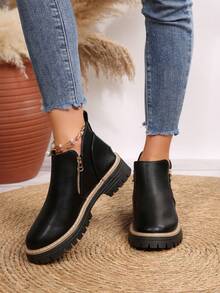 Botines de mujer, estilo otoño/invierno, con puntera redondeada, tacón cuadrado, cierre lateral con cremallera y suela con plataforma. - Negro - Ver 6