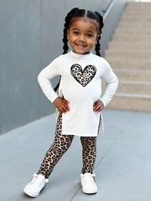 Baby Girl Sporty Casual Knit Heart & Leopard Print Long Sleeve Top With Geometric Pattern Leggings Set, Suitable For Spring/Summer - White - View 1