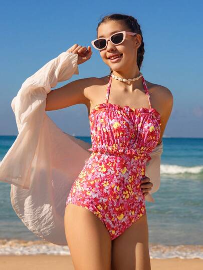 SHEIN Girls Floral Print One Piece Swimsuit, Adjustable Halter Straps, Ruched Waist, Quick Dry, Soft Stretch Fabric, Summer Beachwear, Cute Bathing Suit For Pool Party, Vacation, Holiday, Comfortable Fit, Youth Swimwear For Ages 13-16Years Girls, Beach Swimwear For Kids, Summer Vacation, Pool Party Teen Floral Swim Flower Swimsuit Beach Clothes Hibiscus Swimsuit Summer Outfits Floral Swimsuit