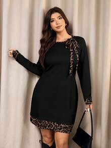 Elaquor Đầm dài tay phối họa tiết da báo, thắt eo, dành cho nữ cỡ lớn, thích hợp cho dịp năm mới/mùa đông/ngày lễ tình nhân. - Nhiều màu - Xem 5