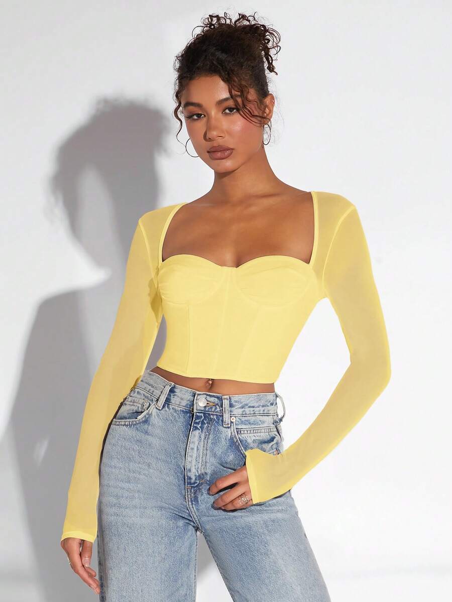 SHEIN BAE 束身衣外出上衣 春假女式上衣 黑色衬衫 - 黃色 - 查看 1