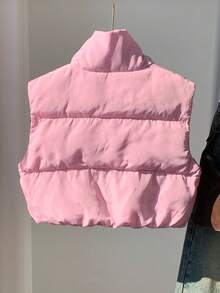CovetEZ 女士纯色前拉链短款加垫背心夹克，冬季 - 粉色 - 查看 2