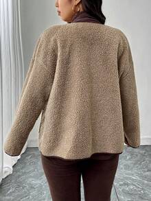 SHEIN LUNE Plus Size Contrast Color Casual Long Sleeve Winter Knitted Button Up Coat - Khaki - View 10